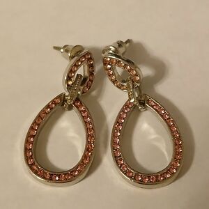 Silver Tone Teardrop Shaped Hanging Double Hoop Pink Rhinestone Dangle Earrings